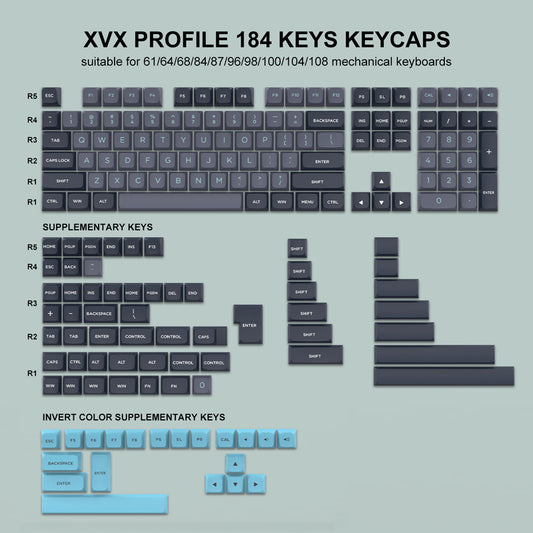 184 Key Pbt Double-shot Black Grey Xvx Profile Keycaps Kit Backlit Key