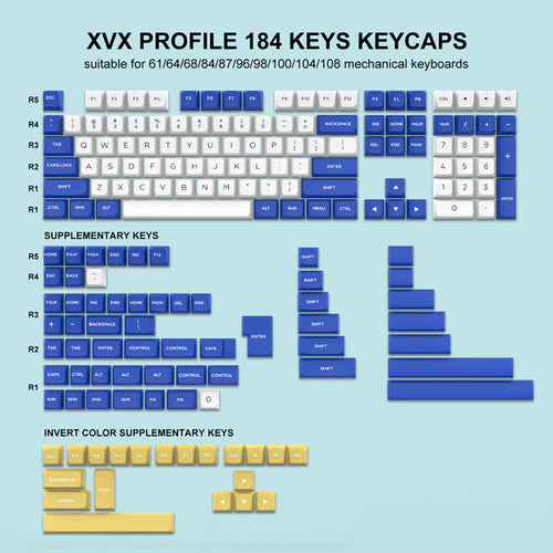 184 Key Pbt Double-shot Black Grey Xvx Profile Keycaps Kit Backlit Key