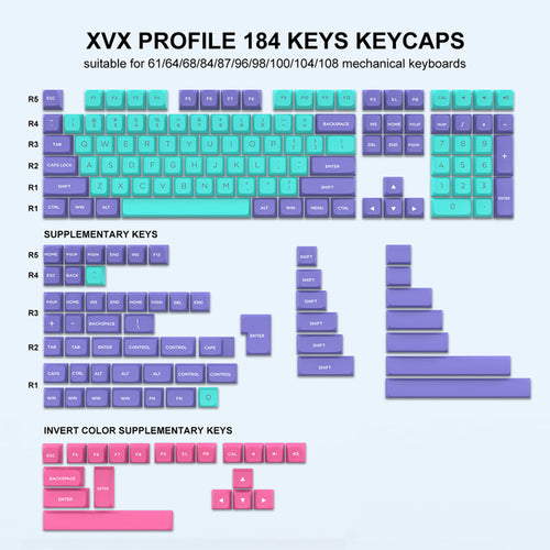 184 Key Pbt Double-shot Black Grey Xvx Profile Keycaps Kit Backlit Key