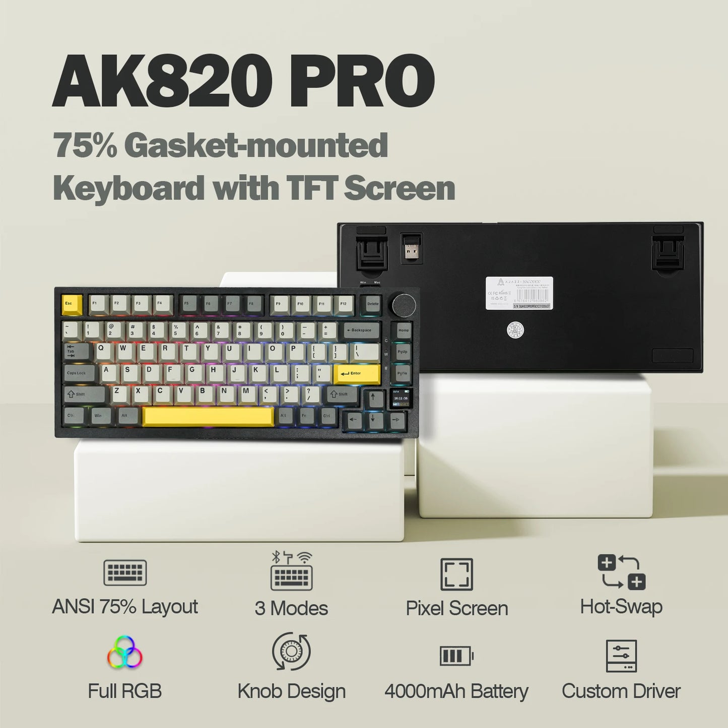 Ajazz AK820 Pro 75% Gasket-mounted Bluetooth 5.1/2.4G Wireless &