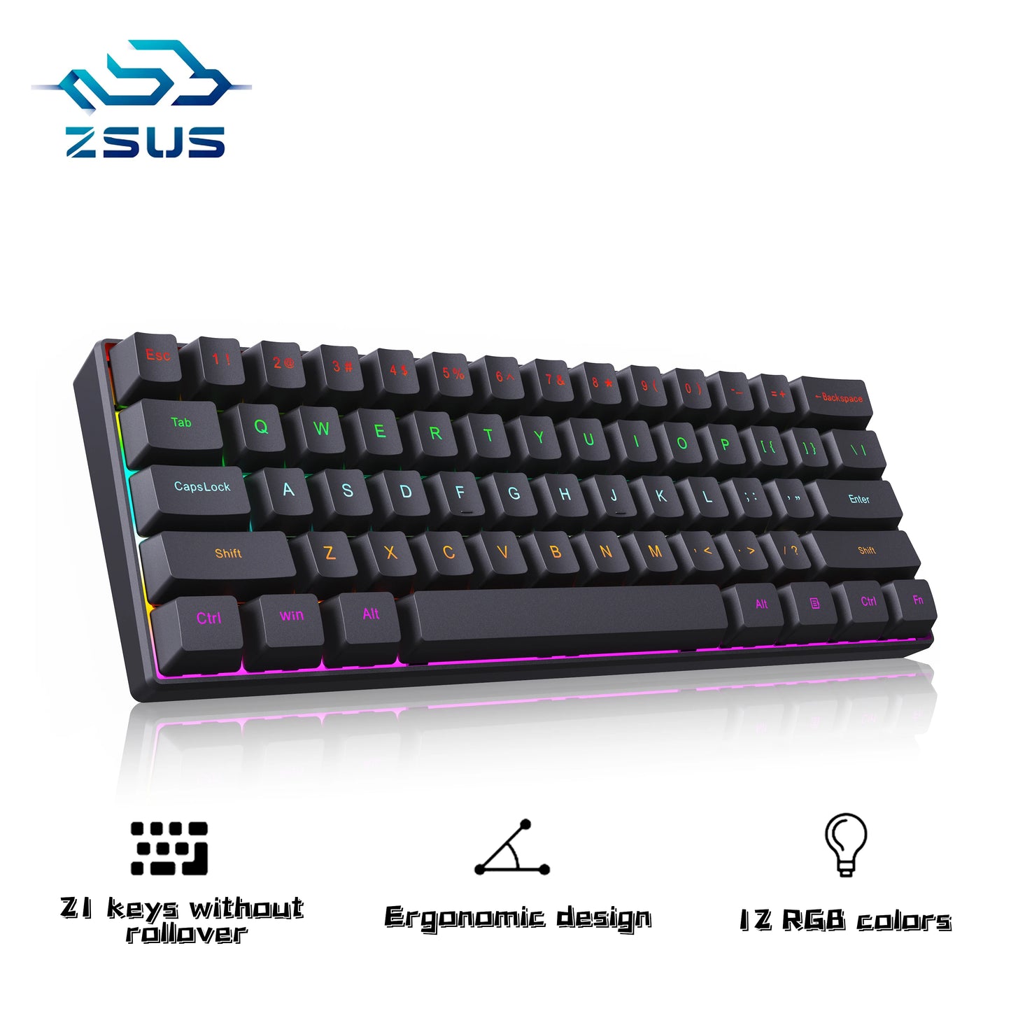 ZSUS Z61-B USB Gaming Mechanical Mini Keyboard Red Switch RGB Backlit