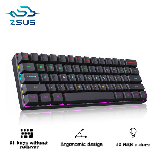 ZSUS Z61-B USB Gaming Mechanical Mini Keyboard Red Switch RGB Backlit