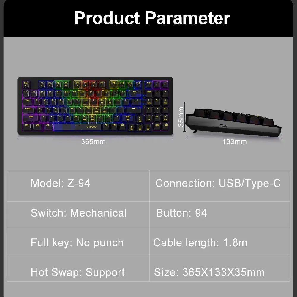 E-YOOSO Z94 USB Mechanical Gaming Keyboard Wired Monochrome Backlit 94