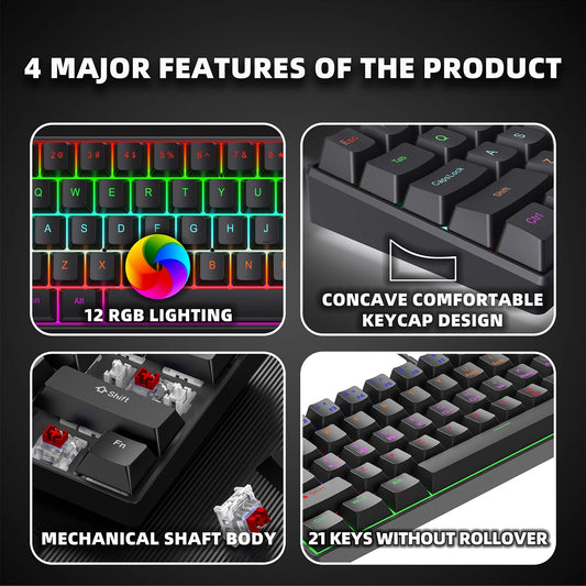 ZSUS Z61-B USB Gaming Mechanical Mini Keyboard Red Switch RGB Backlit