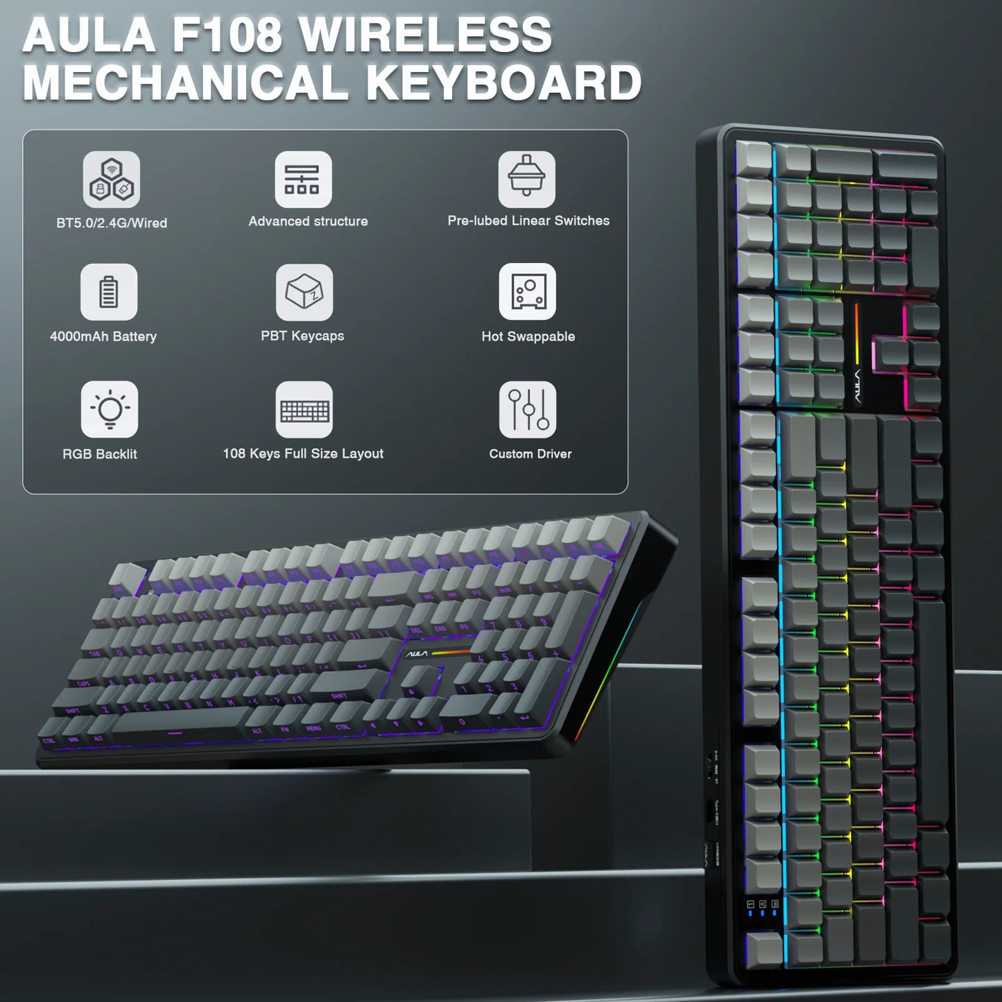 AULA F108 Keyboard 100% Layout 1K Polling Rate Mechanical Gaming